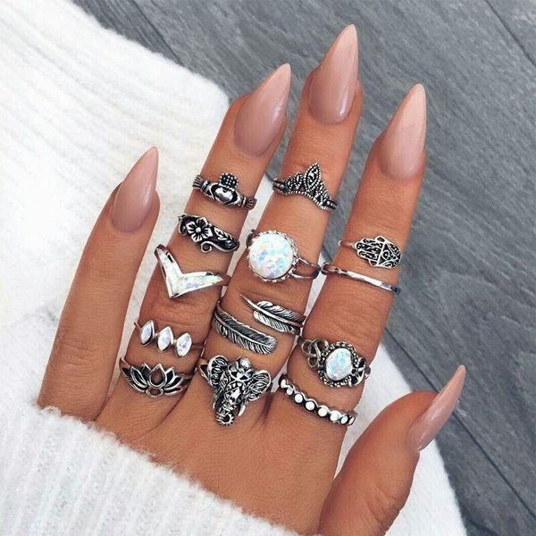 

cluster rings letapi 13pc/set silver color punk vintage carved heart flower palm fatima elephant drip crown opal wedding ring for woman, Golden;silver