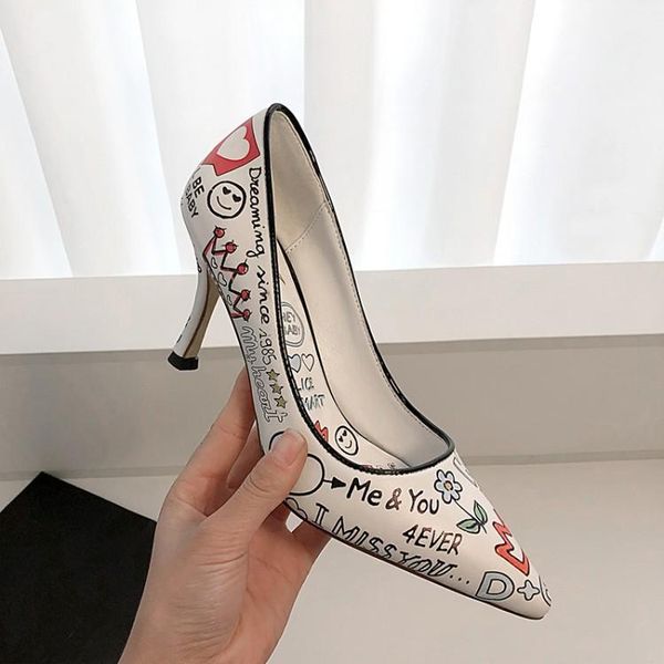 

dress shoes pointed toe shallow women graffiti pumps large size 43 white bridal wedding 9cm high heels wine red party stilettos, Black