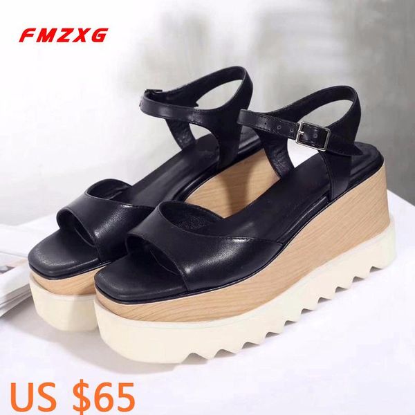 

women wedges platform summer sandals casual fashion buckle strap leisure genuine leather shoes woman flats sandles, Black