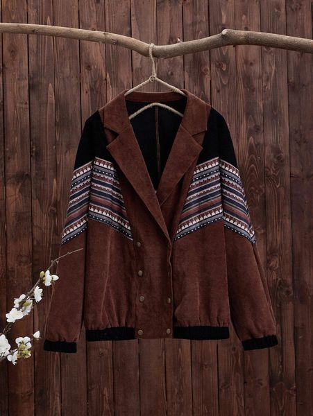 

emery rose geo print lapel neck double breasted corduroy jacket o1nn#, Black;brown