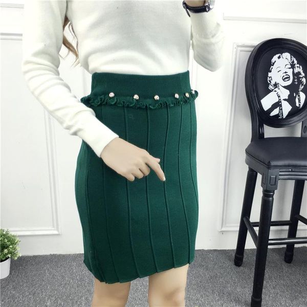 

skirts knitted office lady mini skirt 2021 winter solid color pencil kawaii empire beading student school slim above knee women, Black