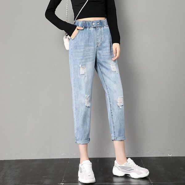 

women's jeans high waist light color ripped for women 2021 autumn korean, Blue