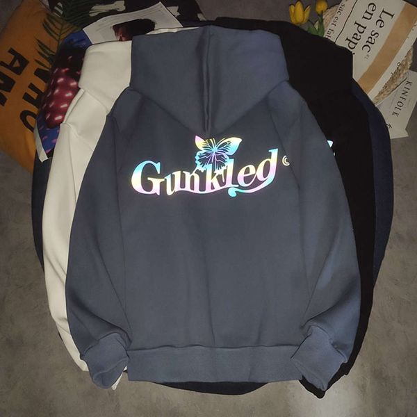 

3m colorful reflective letter coat autumn winter plush thickened luminous street sweater hooded man, Black;brown