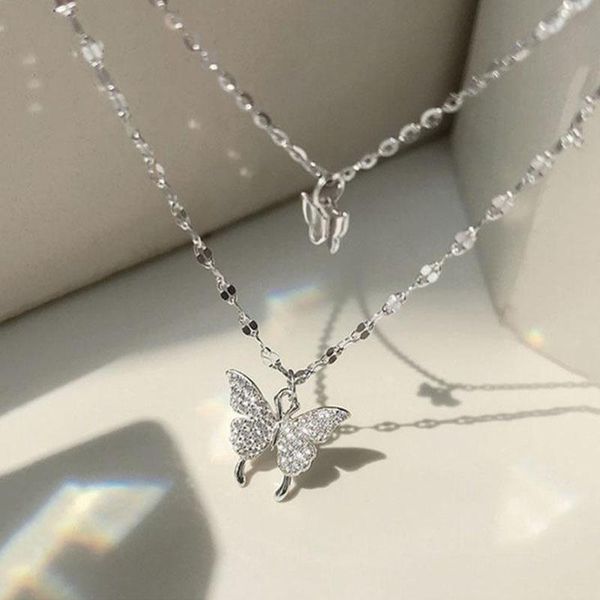 

pendant necklaces korean flash crystal butterfly double nelace for women simple cute design sier color elegant nelaces wedding jewelry gifts, Silver