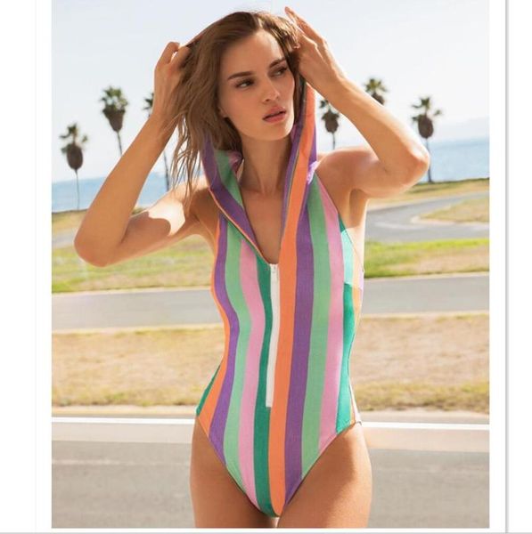 

swimwear women one piece swimsuit zipper printed striped swimming suit bodysuit monokini female bikini bathing one-piece suits
