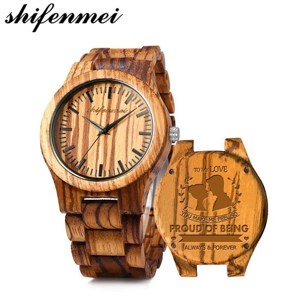 

wristwatches shifenmei quartz personalized logo words message engraved wood watch customized item oem& men wooden watches relogio, Slivery;brown