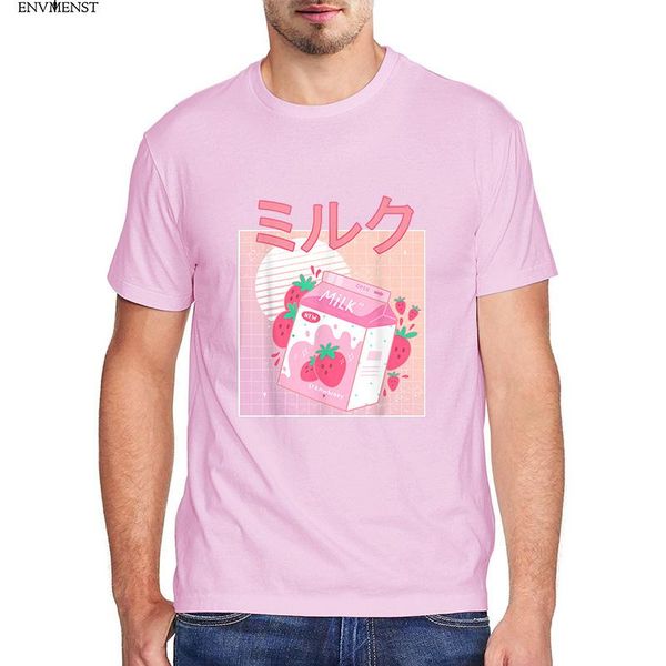 

men's t-shirts strawberry milkshake carton creamy milk kawaii funny retro 90s japanese t-shirt 2021 arrival tee for men, White;black