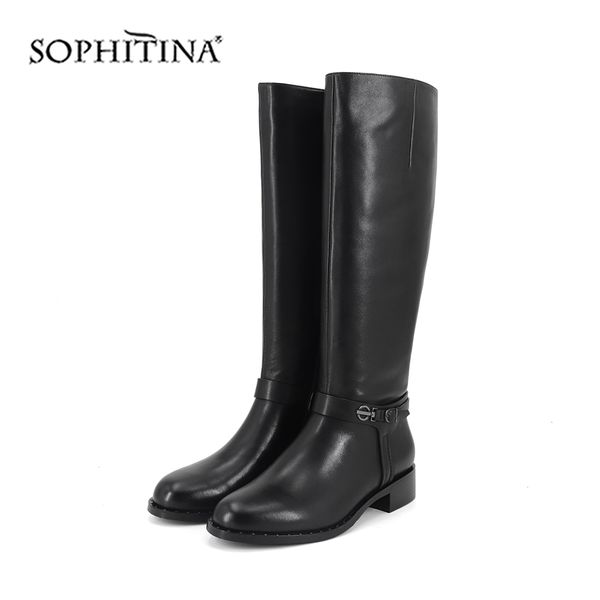 

sophitina knee-high boots cow leather comfortable square heel fashion metal decoration shoes women boots sc405 210513, Black