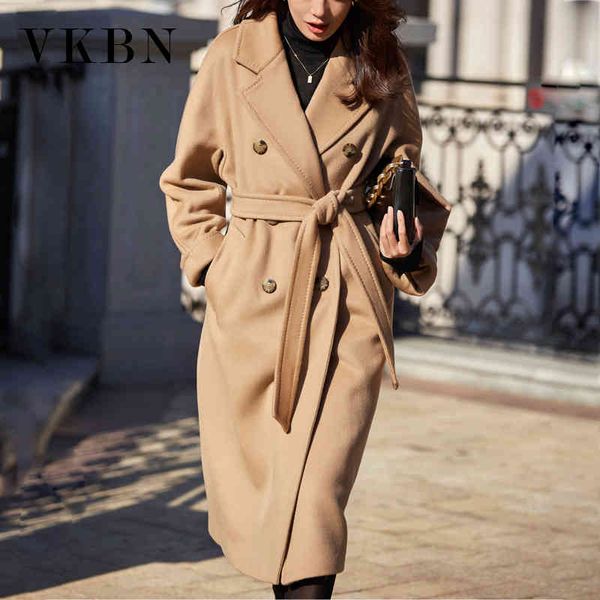 

vkbn autumn winter 100% wool long coat turn-down collar double breasted woolen camel coat women long sleeve 210507, Black