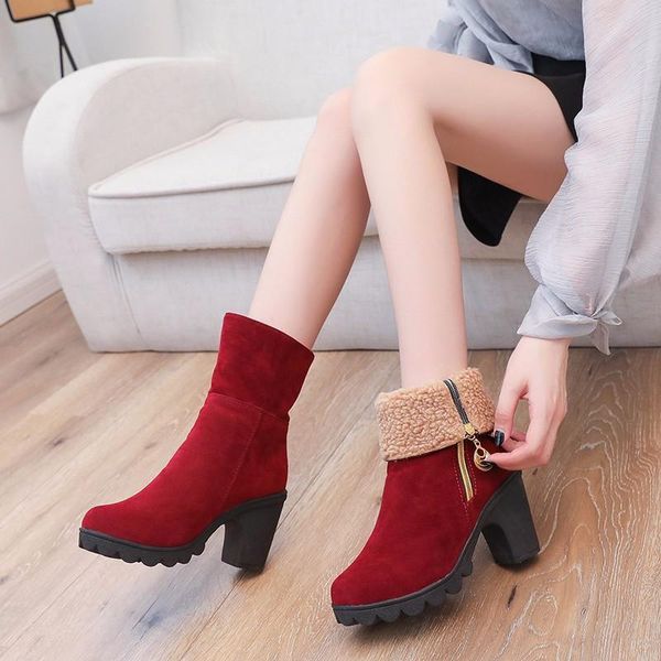 

boots 2021 autumn and winter women's fashion warm suede short thick heel round toe cuffed shoes, Black