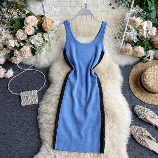 

casual dresses fmfssom summer spring knitted woolen patchwork simple o-neck sleeveless tank women female mini dress1, Black;gray