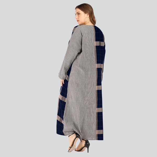 

casual dresses arabian summer muslim v-neck stripe plus size long sleeve dress maxi patchwork cotton pockets loose large, Black;gray