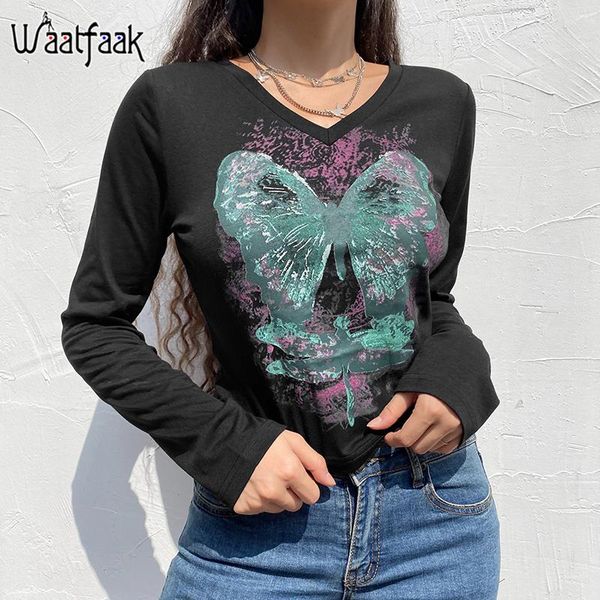 

women's t-shirt waatfaak long sleeve goth black t shirt women butterfly printed harajuku v neck dark academia graphic retro streetwear, White