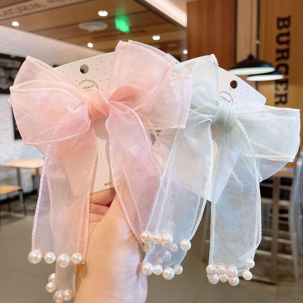 

korean bow hairpin pearl ribbon duckbill clip girl heart versatile jewelry net red headdress princess lady hair clips accessories, Slivery;white