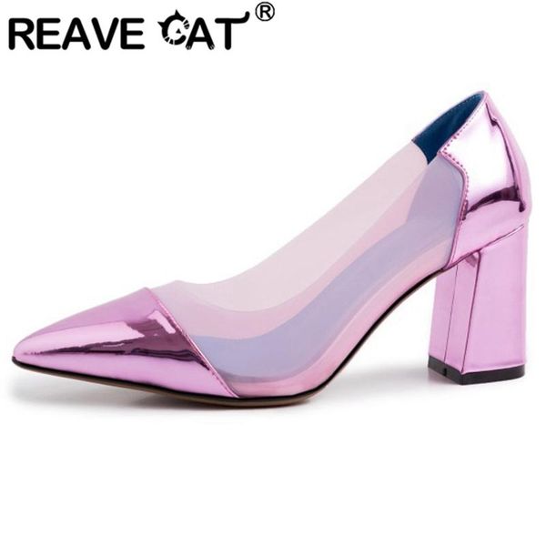 

dress shoes reave cat spring autumn novelty transparent pump pointed toe hoof heels patent leather slip on big size 33-43 casual party a2909, Black
