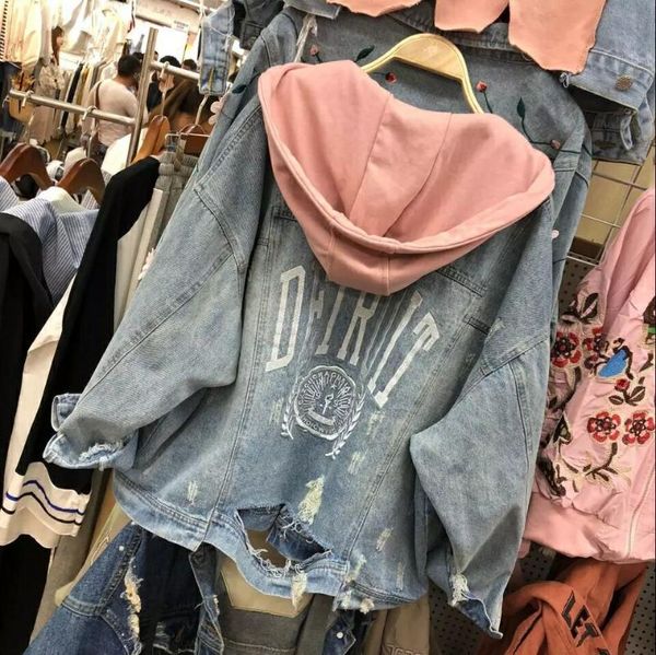 

women's jackets frayed hole letter jean jacket women cartoon womens and coats trending products 2021 wide-waisted hip hop, Black;brown