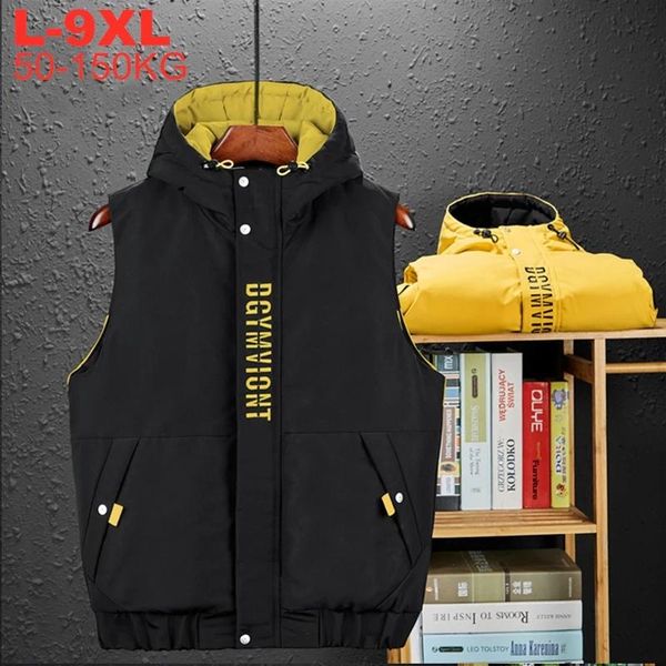 

men's vests waistcoat men plus size 7xl 8xl 9xl winter hooded vest casual mens puffer warm sleeveless jacket coats male thicken, Black;white