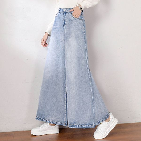 

women's jeans 2021 high waist women denim pants office lady korean casual loose wide leg female solid color vintage trousers otig, Blue