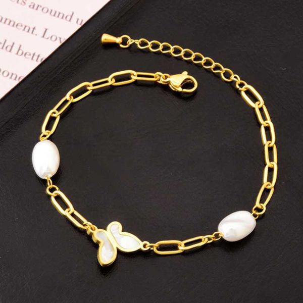 

link, chain 316l stainless steel white shell pearl butterfly charm thick bracelets for women fashion trend fine jewelry party gift, Black