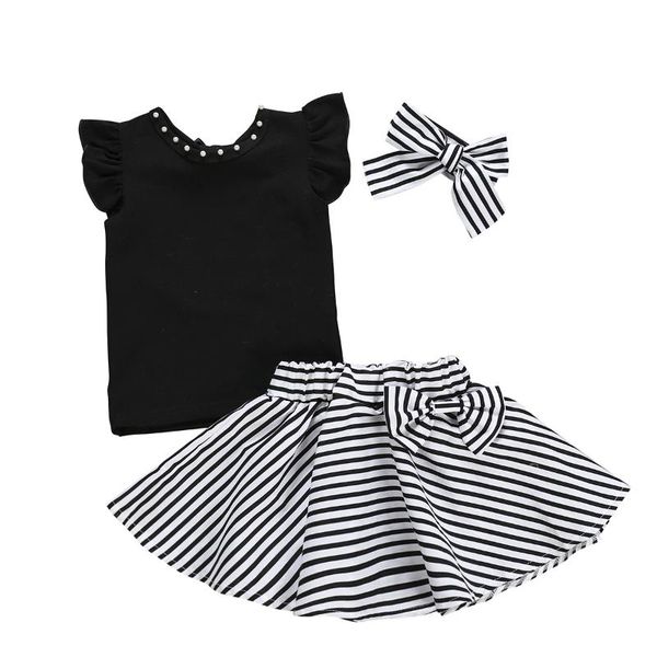 

clothing sets fashion infant baby girls kids set short sleeve t-shirt +striped skirt+headband 3pcs girl children clothes, White