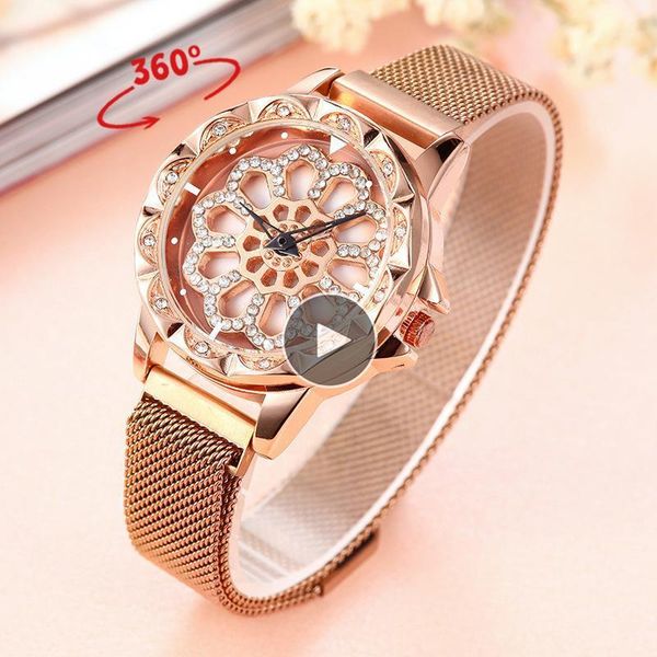 

degree rotation women watch mesh magnet starry sky ladies luxury fashion geometric quartz relogio feminino saat wristwatches, Slivery;brown