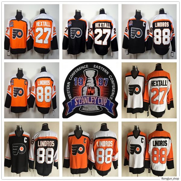 

1997 stanley cup finals philadelphia flyers #27 ron hextall hockey jersey black orange white retro #88 eric lindros vintage stitched jerseys, Black;red