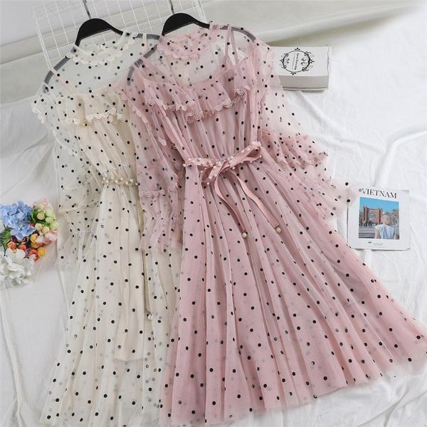 

women dress lace fashion spring flare dot sleeve dresses summer two piece slim mesh long clothing vestidos wz768, Black;gray