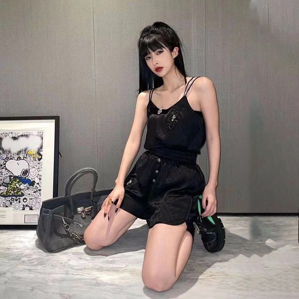 

crosin summer cross dark jacquard leather design sense suspender vest women's button high waist shorts suit brand ynt0, White;black