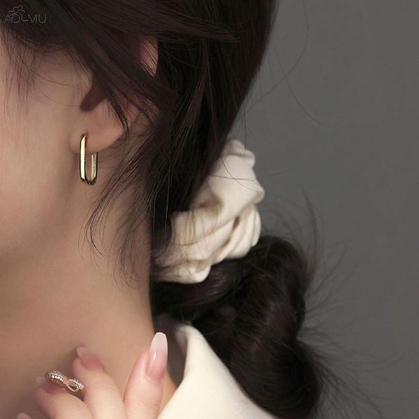 

hoop & huggie aomu 1pair korea mininalist chic paperpin geometric rectangle metal earrings for women girls party jewelry accessories, Golden;silver