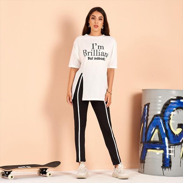 

summer fashion print split womens pants knit stretch short sleeve round neck t shirt color matching bottoming trousers, White