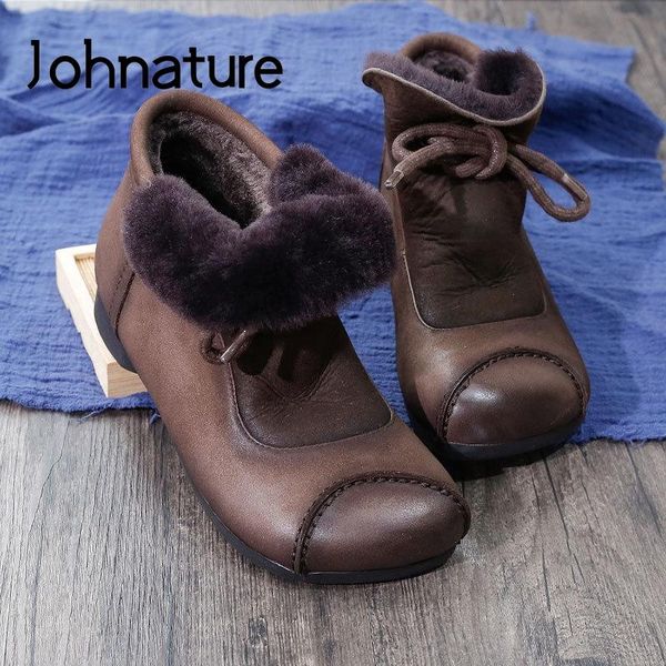

boots johnature warm shoes women genuine leather 2021 winter lace-up round toe flat with sewing leisure ankle platform, Black