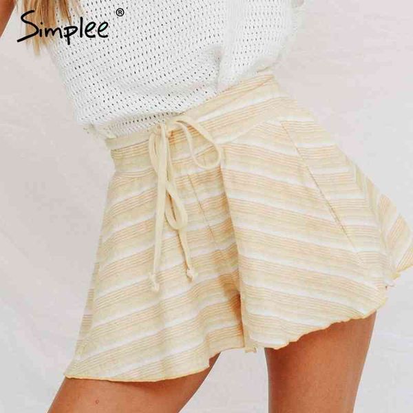 

casual knitted striped women high waist lace up summer yellow bottom vintage loose beach female spring shorts 210414, White;black