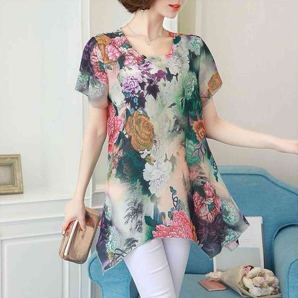 

summer clothes chiffon and womens shirts floral print tunic plus size short sleeve shirt casual, White