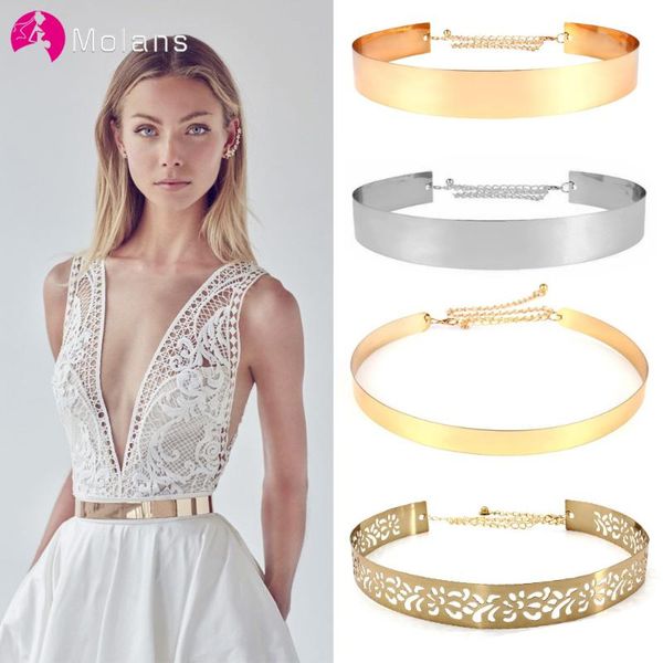 

wedding sashes molans golden silver bridal belt elastic strap metal dress accessories for women girls girdle, White