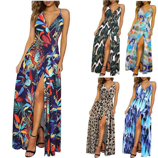

casual dresses summer ladies fashion sling dress sleeveless v-neck open back printed split for women robe femme vestidos, Black;gray