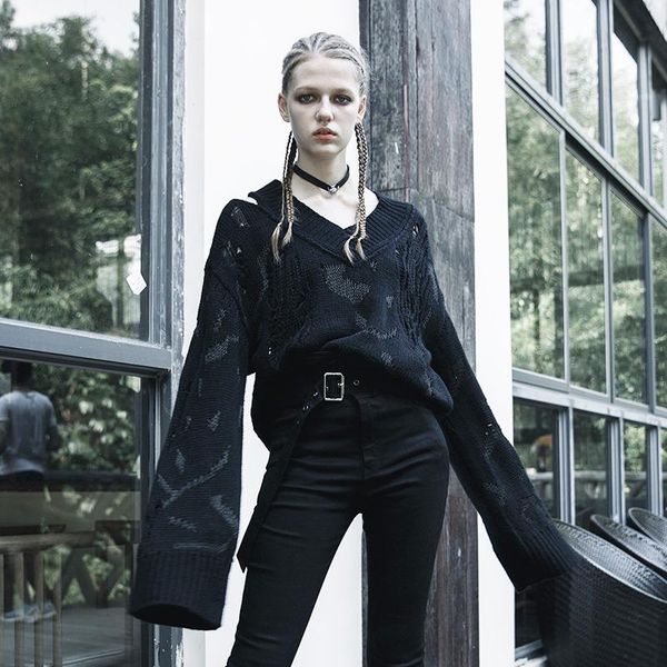 

women's sweaters punk rave girl's irregular hole v-neck gothic loose pullover sweater female autumn casual shirt, White;black