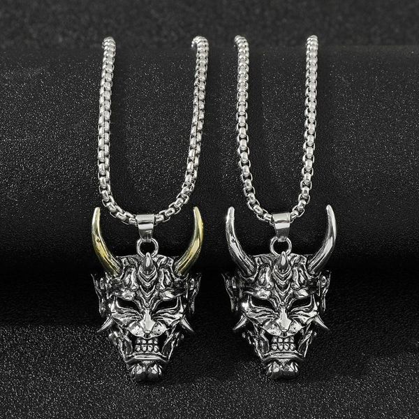 

pendant necklaces retro prajna mask metal necklace japanese culture men's women's rock punk skull amulet jewelry gift, Silver