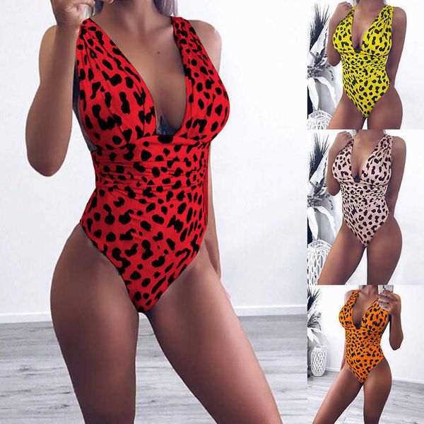 

2019 four color deep v leopard print one piece swimsuit, Black;white