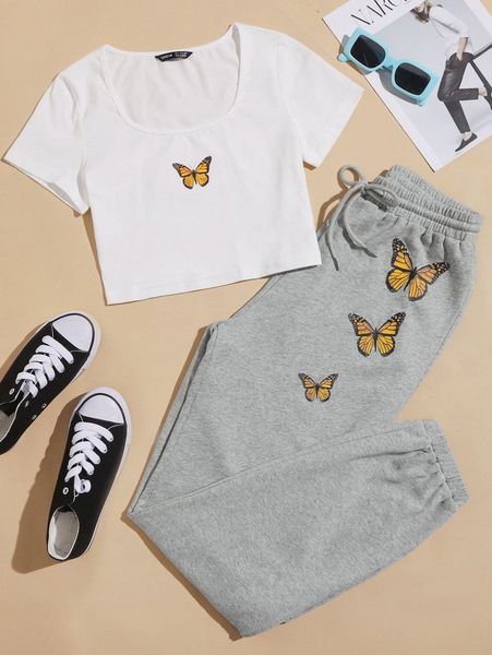 

scoop neck butterfly print tee & sweatpants set z64a#, White
