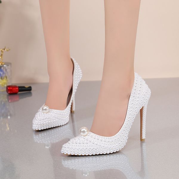 

464748 yards cross-border new pearl high heel pumps plus size-handmade pearl wedding shoes for women in stock, Black