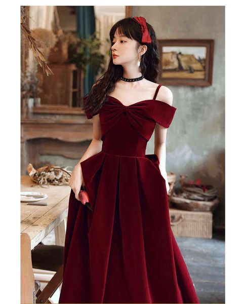 

prom luxury boutique occasion dresses wine red bride toast 2021 temperament suspender veet engagement 's, Black