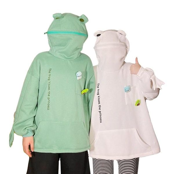 

women's hoodies & sweatshirts cute frog women zipper mouth hooded plush thick sweatshirt female 2021 autumn winter student loose jacket, Black