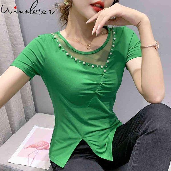 

women's t-shirt summer korean style cotton slit spliced mesh chic solid o-neck shiny beads women short sleeve tees t1471, White