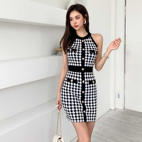 Houndstooth Kintted Elbise Kadınlar Seksi Kolsuz Tek Göğüslü Elbise Robe Femme Ince Mini Bodycon Kalem Elbiseleri Vestidos Mujer 210529