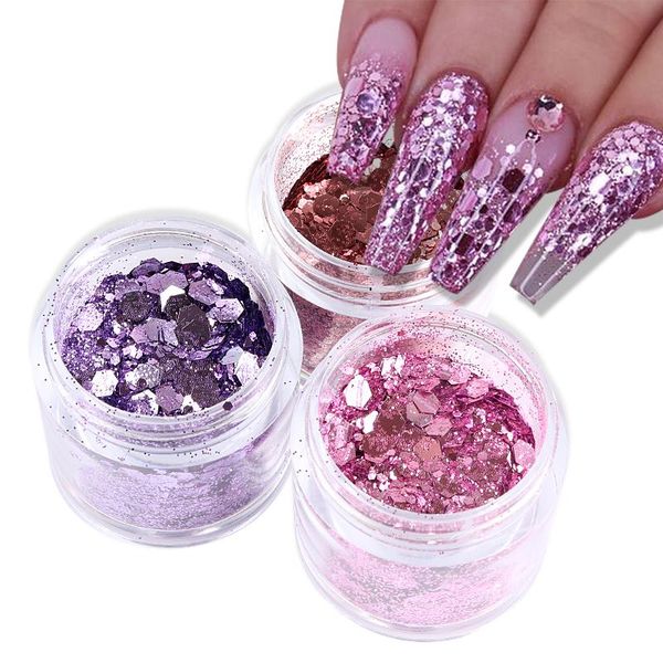 

nail glitter 15box gradient rose purple pink powder flake mix size decoration accessories wholesal supplier, Silver;gold