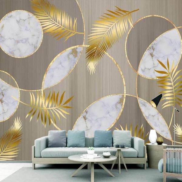 

wallpapers milofi custom 3d wallpaper mural nordic light luxury wood grain marble circle golden leaves background wall painting