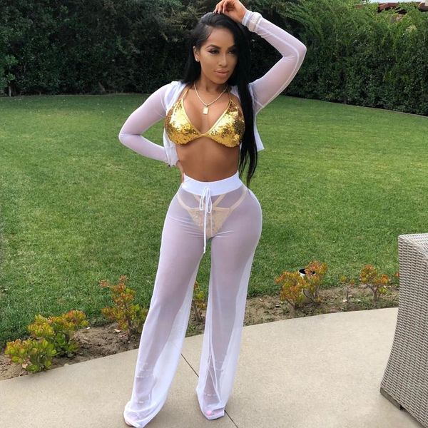 

women bikini cover up mesh hoodie crop long sleeve leggings pant solid beach bathing suit two piece dress, White