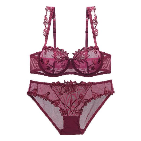 

bras sets european and american fashion ultra thin comfortable transparent lace women's underwear bra set, Red;black