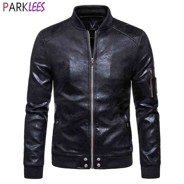 

stand collar baseball bomber leather jacket men brand cuffs rib men pu leather jacket casual slim fit chaqueta moto hombre 210522, Black