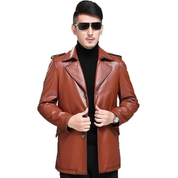 

men's & faux genuine men spring real cow leather windbreaker long cowhide jacket and coat 07-9979 kj1384 g5b0, Black